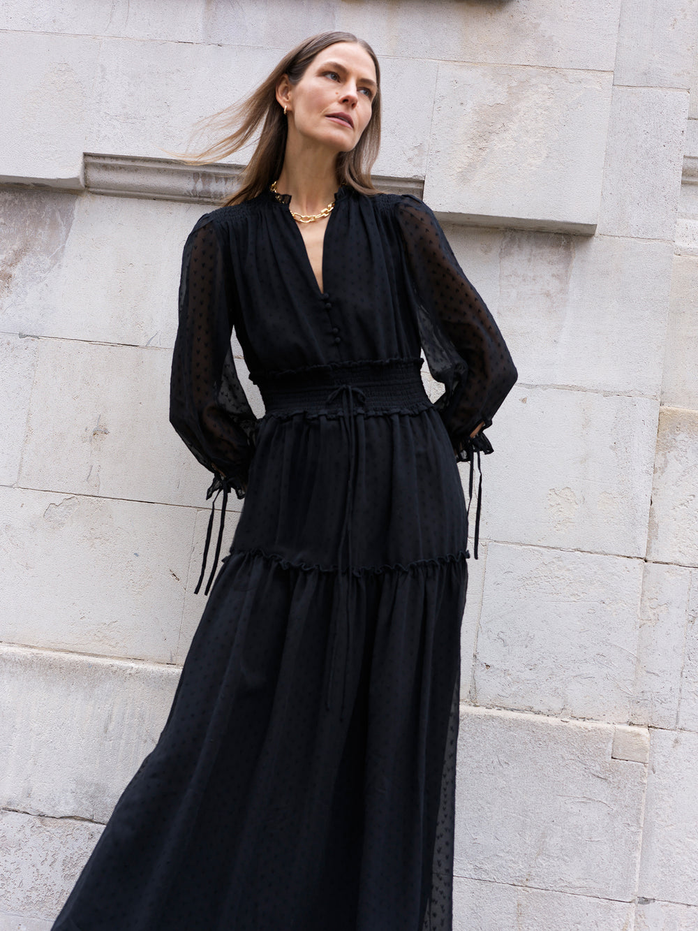Heart Dobby Long Sleeve Maxi Dress Black | Great Plains UK