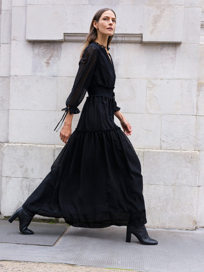 Heart Dobby Long Sleeve Maxi Dress Black