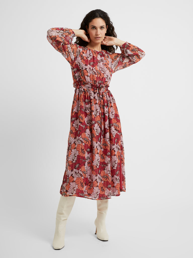 Retro Poppy Long Sleeve Midi Dress Wine Multi | Great Plains UK
