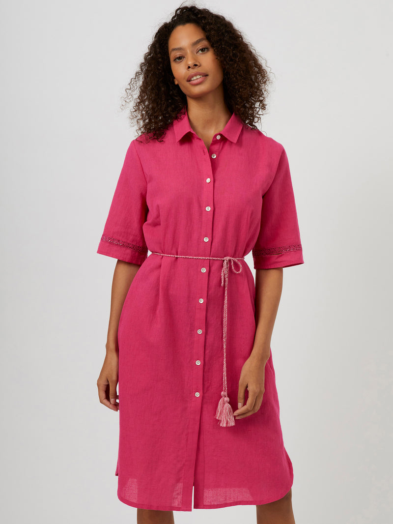 Spring Linen Mix Drawstring Waist Dress Magenta