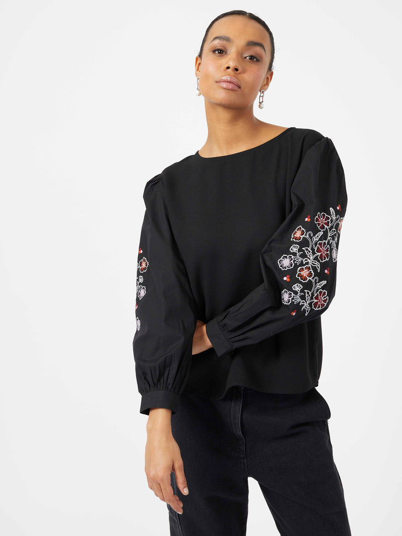 Ferne Conscious Crepe Embroidered Top Black | Great Plains UK
